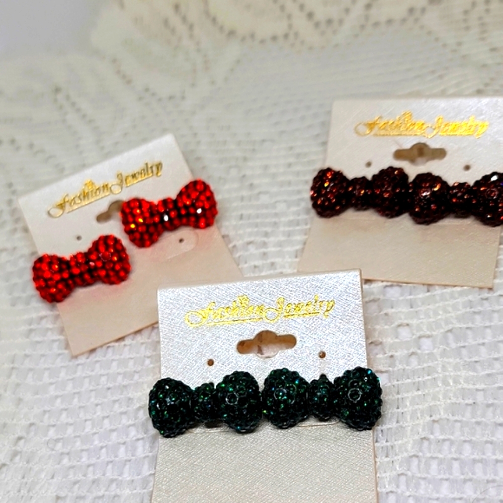 Fashion Jewelry Bow Stud Earrings Sparkly 3 Pairs Red, Purple Green OS New
